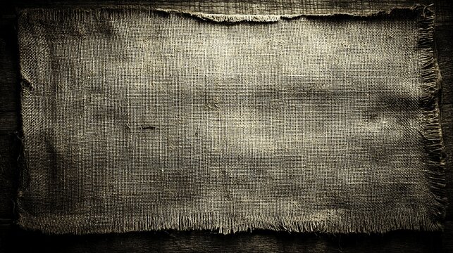 Close-up of a worn, frayed burlap fabric with darkened edges and textured surface