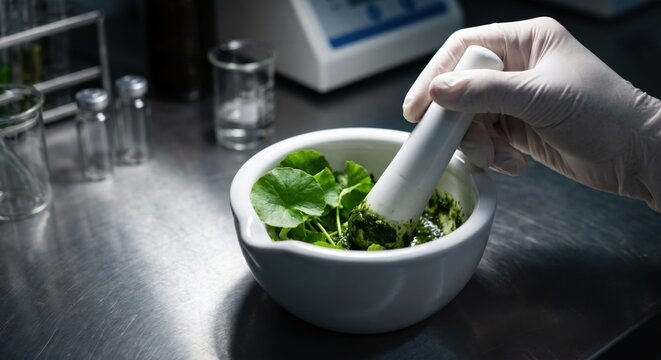 Scientist grinding Centella Asiatica leaves in laboratory