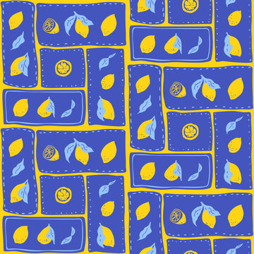 Lemons bento box crayon drawn seamless pattern. Patchwork fruit summer repeat background. Surface pattern design italian mediterranean motif. Vector hand drawn citrus illustration.