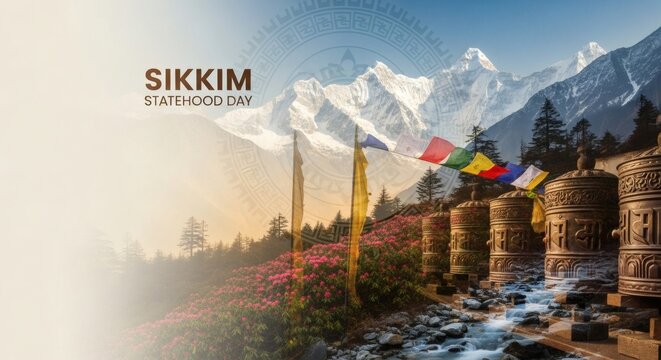 Sikkim Statehood Day with Prayer Flags and Snow Mountain