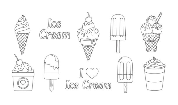 Collection of black and white line ice cream treats and text cone popsicle