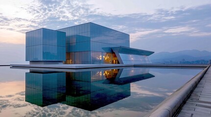 Fototapeta premium Modern cubic glass museum building sits on calm water with perfect reflection under cloudy dawn sky with distant city mountains in background