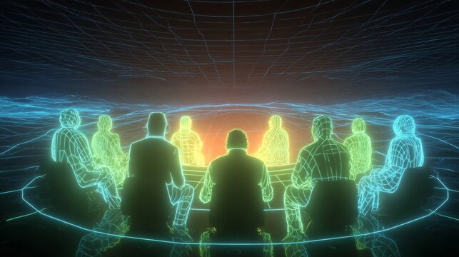 virtual meeting conference with digital human figures in futuristic network setting