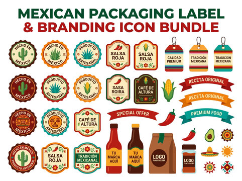 Mexican Packaging Label and Branding Icon Bundle for Food & Beverage Products