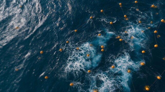 Wave energy array floating in a Portuguese test zone, aerial wide establishing view at golden hour, orange buoys spaced in grid pattern against deep blue Atlantic, ideal for marine energy testing,