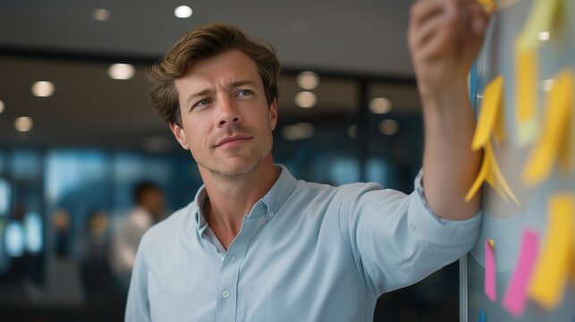 Data privacy officer stands before a glass whiteboard mapping GDPR compliance workflow with colored sticky notes in a sunlit modern open office, teammates observing attentively, ideal for GDPR,