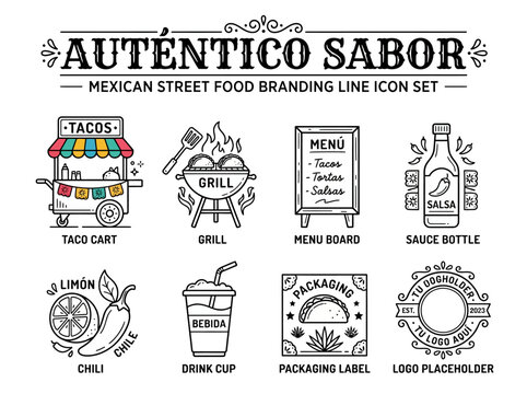 Authentic Mexican Street Food Branding Line Icon Set - Delicious Cuisine and Culinary Delights