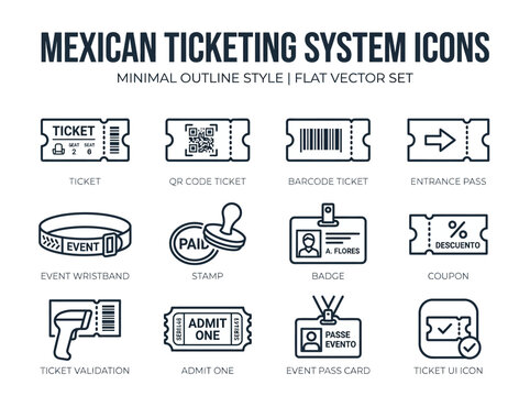 Minimalist outline vector icon set for a Mexican ticketing system, featuring tickets, QR codes, barcodes, passes, wristbands, stamps, badges, coupons, and validation