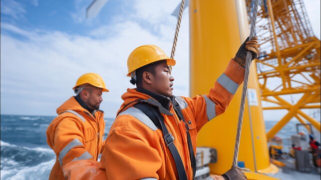 Offshore wind farm construction barge maneuvering a towering turbine column into stormy North Sea waters, workers in orange survival suits guiding anchor cables, perfect for industrial energy,