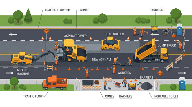 Road Construction Site with Workers and Heavy Machinery.