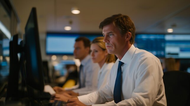 Diverse team of election officials in a brightly lit government office verifies paper ballot audit trails against digital voting system records on large monitors, procedural checklists pinned to