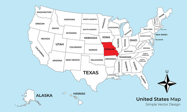 Map of the United States highlighting the state of Missouri in red, with all other states labeled.