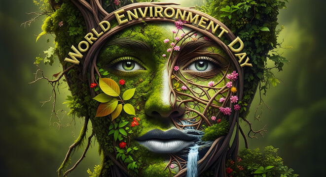 World environment day concept woman's face composed of lush green foliage and natural elements