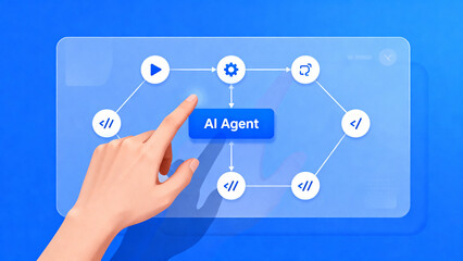 Fototapeta premium Digital illustration depicting a human hand engaging with a translucent digital interface, highlighting an AI agent at the core of an interconnected workflow system