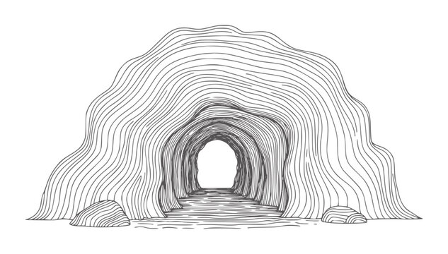 Hand drawn cave entrance with textured rock and pathway tunnel
