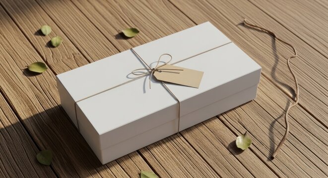 White gift box on wooden surface with ribbon and tag top view