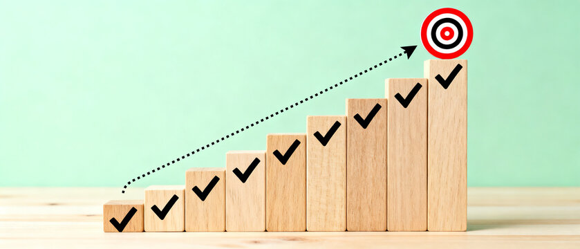 Visual representation of business growth and success through a series of achieved milestones and strategic step-by-step progress towards a clear corporate objective