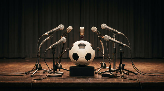 Classic soccer ball on a stage podium surrounded by professional microphones, conceptual image of a sports press conference, product launch, media presentation, or football interview