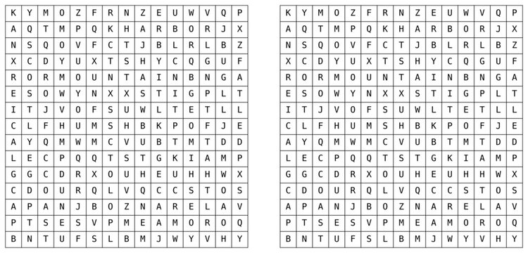 Printable word search puzzle with clean letter grid for vocabulary practice, brain training, worksheets, activity books, and educational materials. Simple black and white design suitable for all ages.