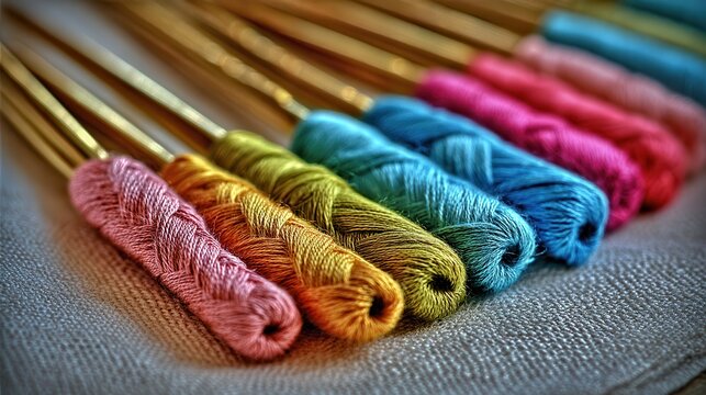 Close-up of meticulously arranged colorful embroidery threads on wooden bobbins