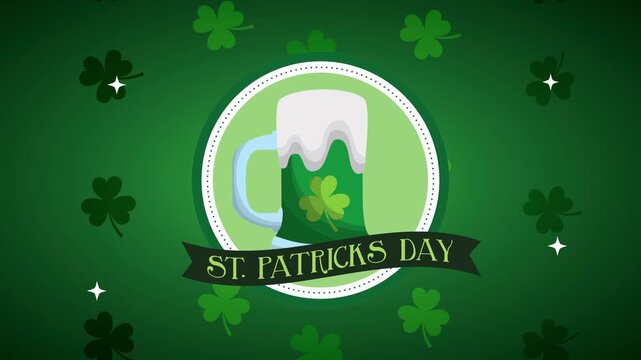 Green beer in mug with shamrocks and st patricks day text, festive motion graphic for holiday celebration.