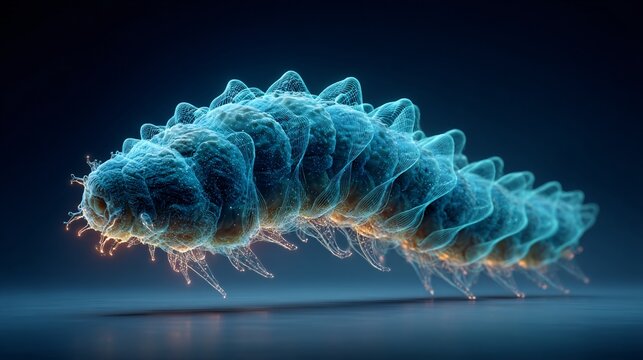 microscopic digital illustration of a larva or microorganism in blue tones for science and biology research