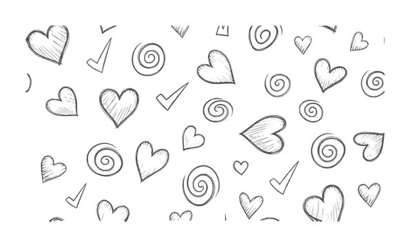 Hand drawn hearts and swirls pattern white check mark doodle