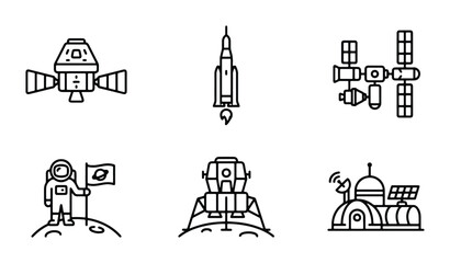 Fototapeta premium Space Exploration Icons Set, Astronaut Landing Module, Rocket Launch, Satellite, Lunar Base, Cosmic Journey Vector Graphics
