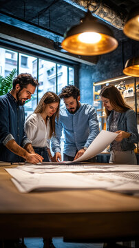 Focused architects gather around detailed blueprints and digital models, planning an innovative building project