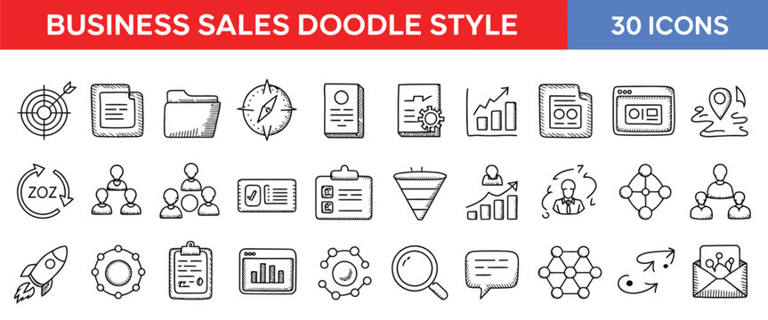 Business sales and marketing doodle icon collection featuring strategy, growth, analytics and communication elements in outline style.
