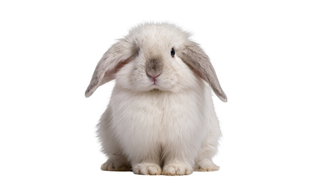 Fluffy white lop-eared rabbit sitting, isolated on transparent background