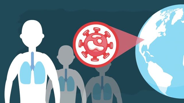 Animation showing spread of viral infection with human figures and globe background.