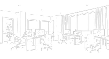 Fototapeta premium Modern office interior with desks, computers, and chairs, bright natural light