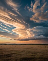 Obraz premium Breathtaking Sunset Over Golden Prairie with Dynamic Cloud Formations and Approaching Thunderstorm