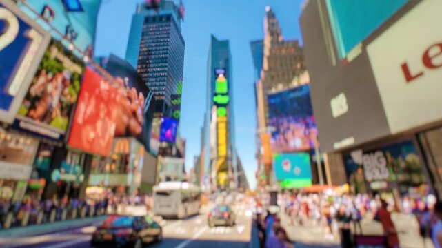 Times Square New York City Timelapse with Selective Focus. High dynamic range timelapse from raw photo files. Crazy busy people, traffic and LED walls of advertisements. 