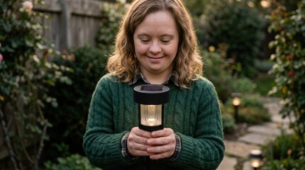 Fototapeta premium Woman with Down syndrome holding solar garden light outdoors