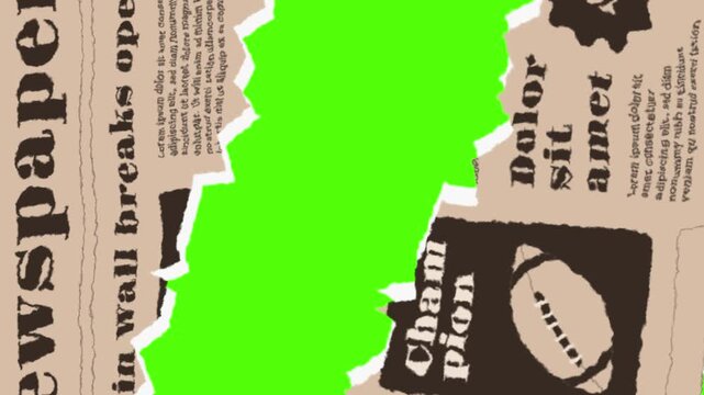 Torn Newspaper Overlay with Green Screen: A unique artistic view showcases a torn newspaper overlay with a vibrant green screen backdrop, presenting creative design, and conceptual visual content.
