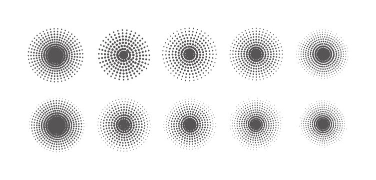 Ten grey circular halftone patterns radiating from a central dark circle radial