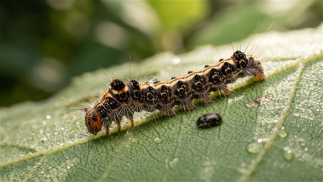 macro, close up, armyworm, brown in color with dark spots, and kining. which is on a green leaf