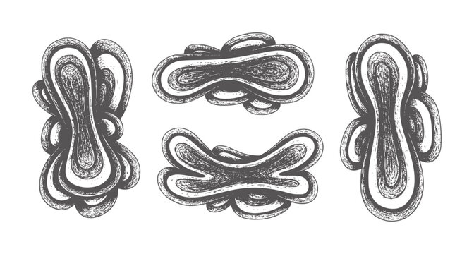 Three abstract organic shapes with textured dark gray outlines white