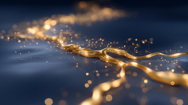 Dopamine pathway diagram rendered as luminous gold circuits threading through a stylized limbic system, warm amber tones contrasting a deep navy background in an elegant science visualization,