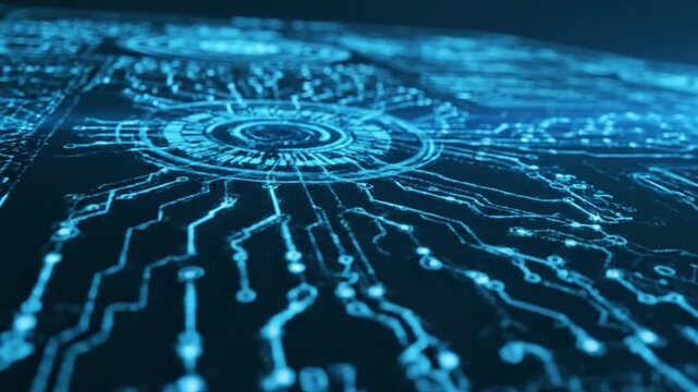 Blue circuit board with glowing lines.
