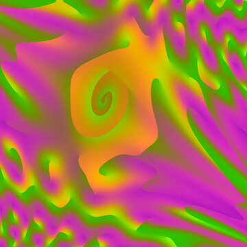 opera digitale dinamica che esplora forme organiche e vortici ipnotici in una palette vibrante di verde acido, fucsia e arancione. La composizione fluida crea un senso di movimento continuo