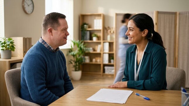 Adult with Down syndrome consulting with healthcare professional about wellness plan