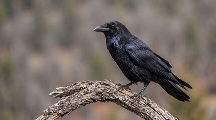 Naklejka premium Majestic Black Raven Perched on a Weathered Branch in Nature.