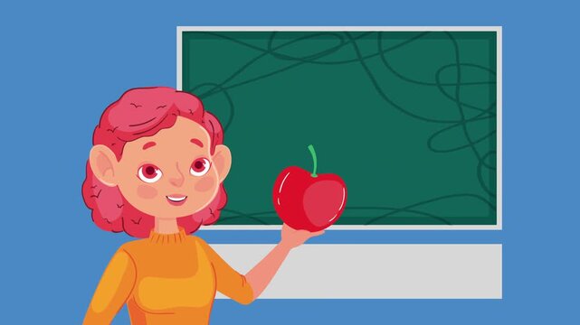 Young female teacher holding apple in front of green chalkboard in classroom animation.