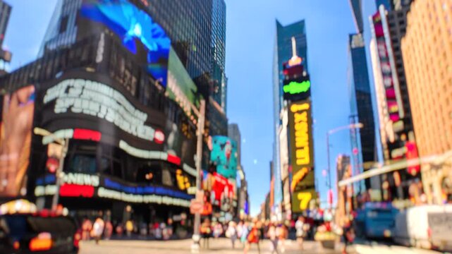 Times Square New York City Daytime Timelapse with Selective Focus. High dynamic range timelapse from raw photo files. Crazy busy people, traffic and LED walls of advertisements. 