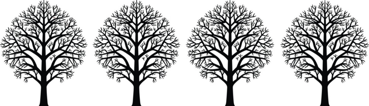 Detailed black silhouette set of four identical leafless deciduous trees with intricate branch structures for architectural and landscape design.