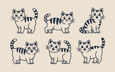 A collection of six charming striped cats in various poses and styles © Outline Icon Set