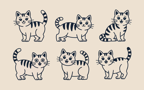 A collection of six charming striped cats in various poses and styles